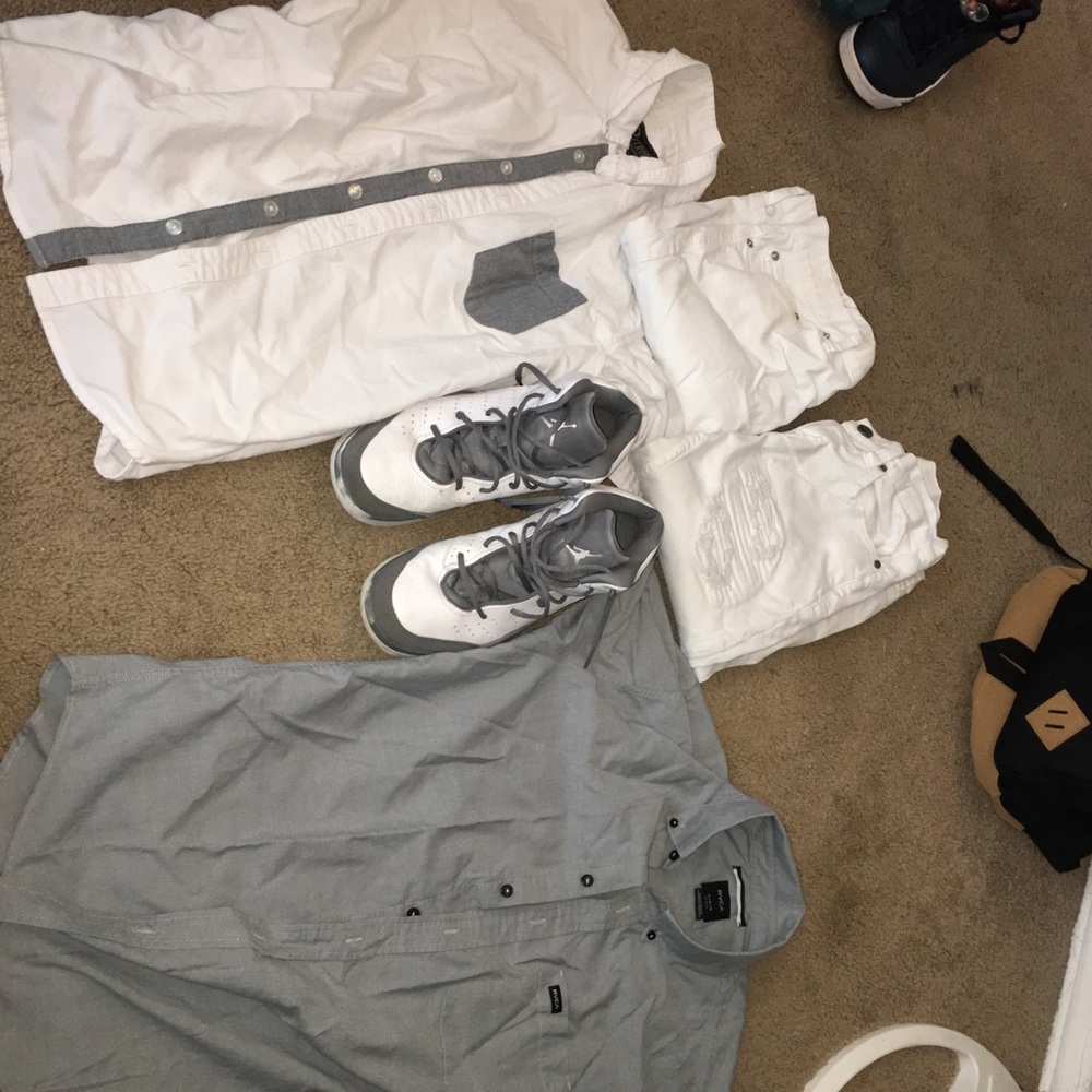 Grey and White Flight Jordan with Jeans and Shirts